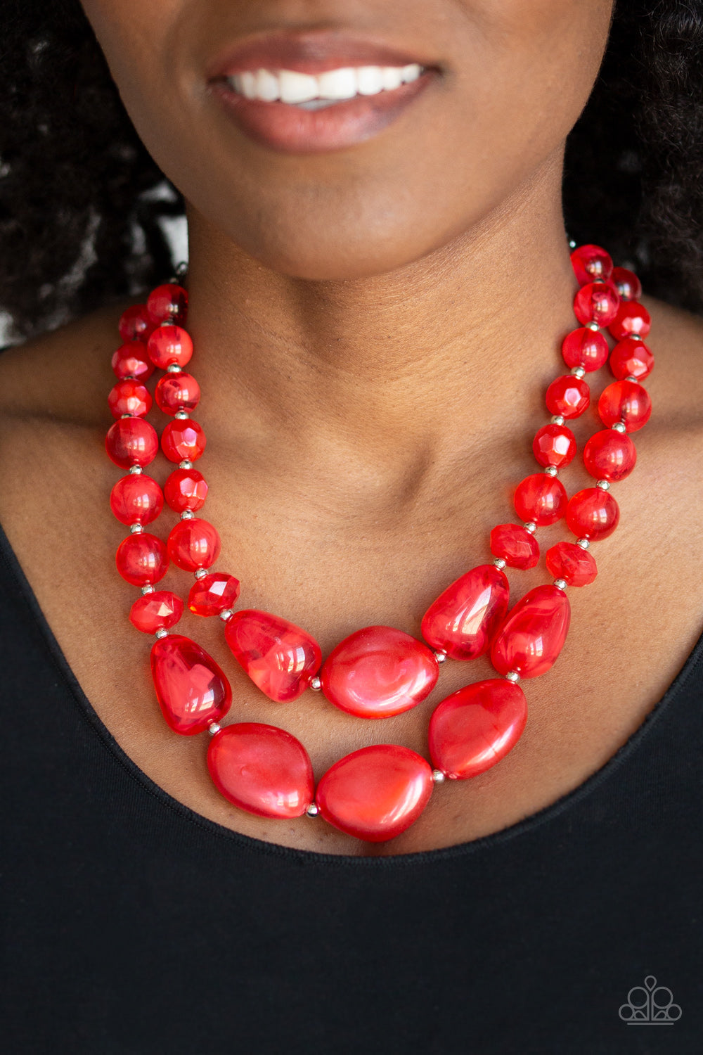 Beach Glam - Red Glassy & Iridescent Bead Layered Necklace & matching earrings