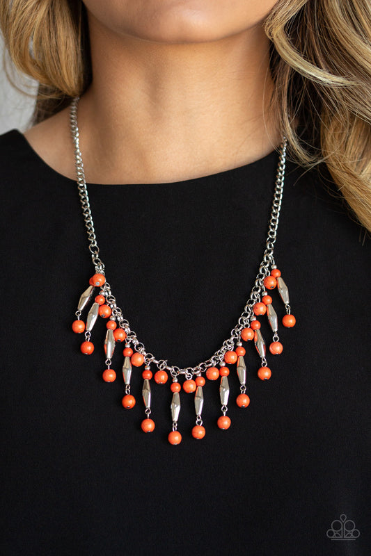 Earth Conscious - Orange Stone Beads & Silver Accent Earthy Fringe Necklace & matching earrings