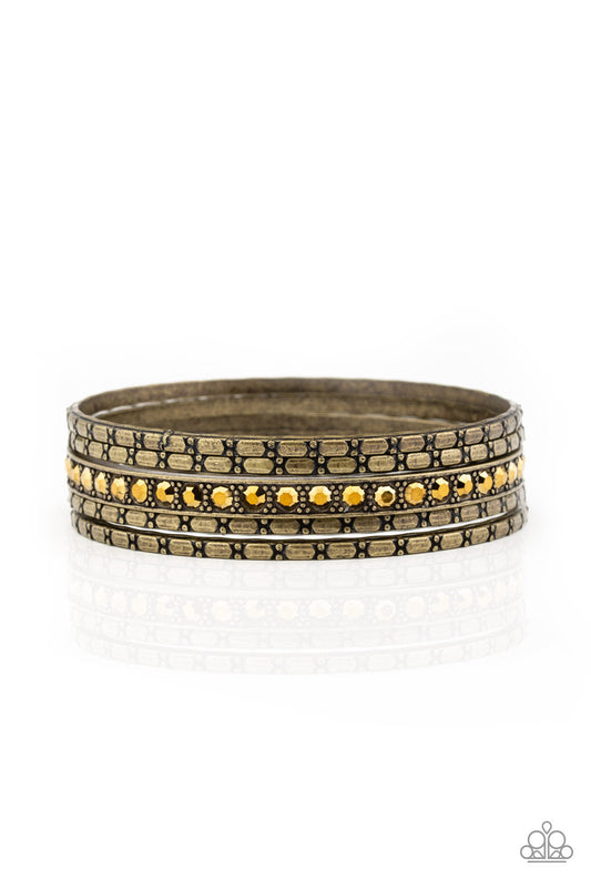 Glitzy Grunge - Brass Textured & Aurum Rhinestone Encrusted Set of 5 Bangle Bracelets