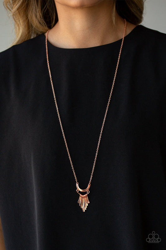 Trendsetting Trinket - Copper Bar Fringe/Half Moon Frame Pendant Necklace & matching earrings