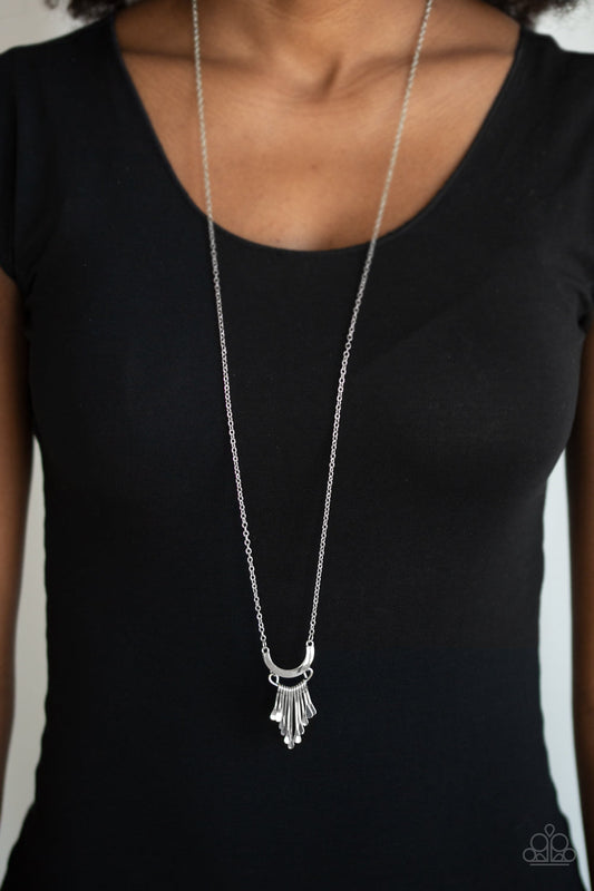 Trendsetting Trinket - Silver Bar Fringe/Half Moon Frame Pendant Necklace & matching earrings