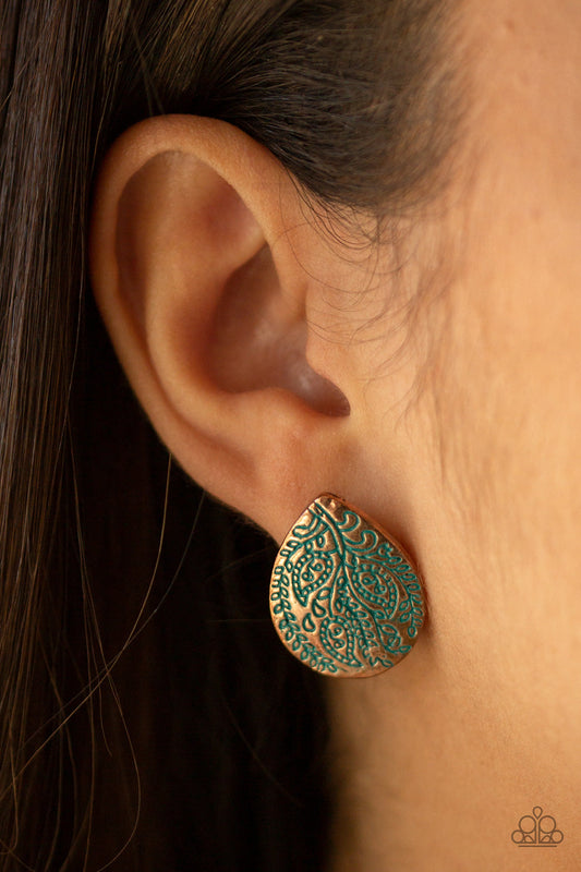 Seasonal Bliss - Copper Patina Finish Leafy Pattern Post Earrings