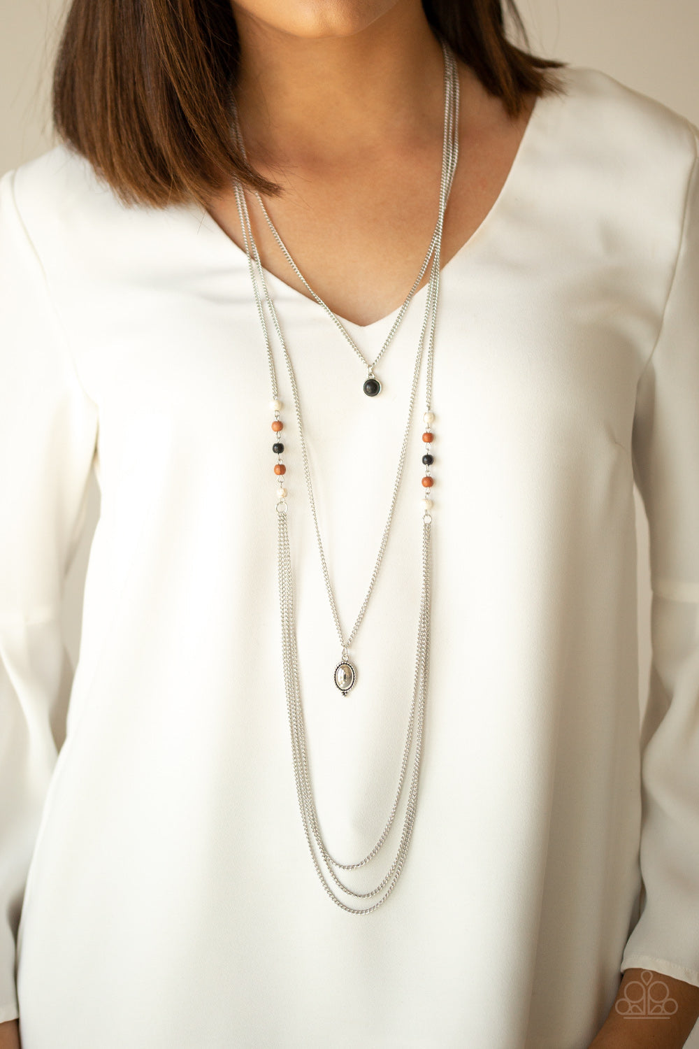 The Pony Express - Multi Stone Beads/Shimmery Silver Chain, Black Stone Pendant Necklace & matching earrings