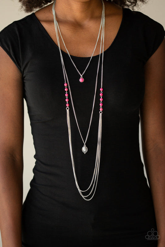 The Pony Express - Pink Stone Beads/Layers of Shimmery Silver Chain Necklace & matching earrings