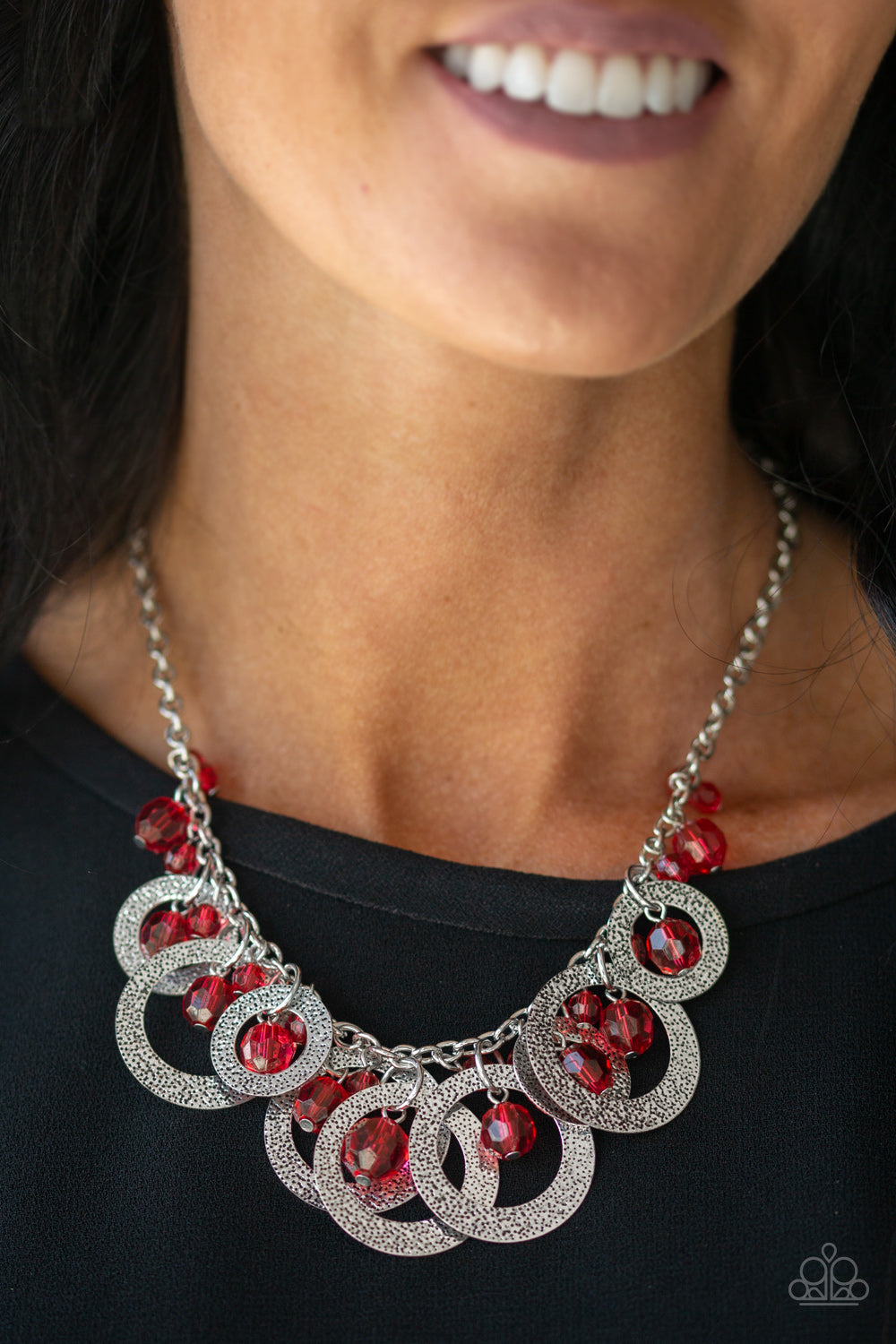 Turn It Up - Red Crystal-Like Beads/Hammered Silver Hoop Necklace & matching earrings