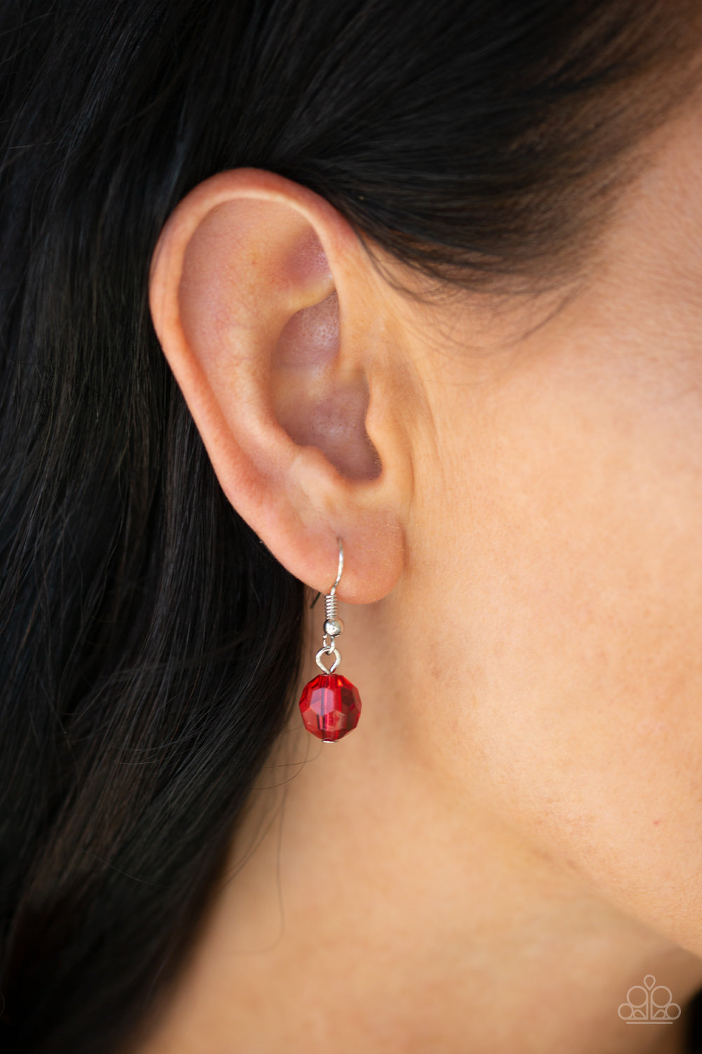 Turn It Up - Red Crystal-Like Beads/Hammered Silver Hoop Necklace & matching earrings