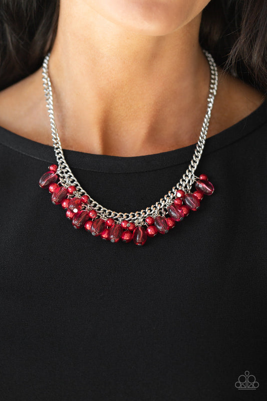 5th Avenue Flirtation - Red Glassy & Pearl Beaded Fringe Paparazzi Necklace & matching earrings