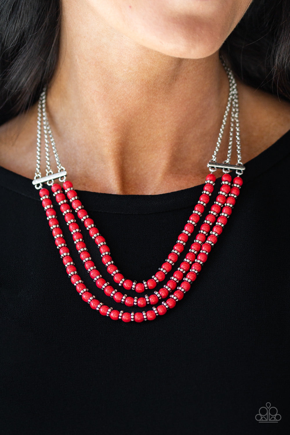 Terra Trails - Red Stone Beads/Textured Silver Accent Earthy Layer Necklace & matching earrings
