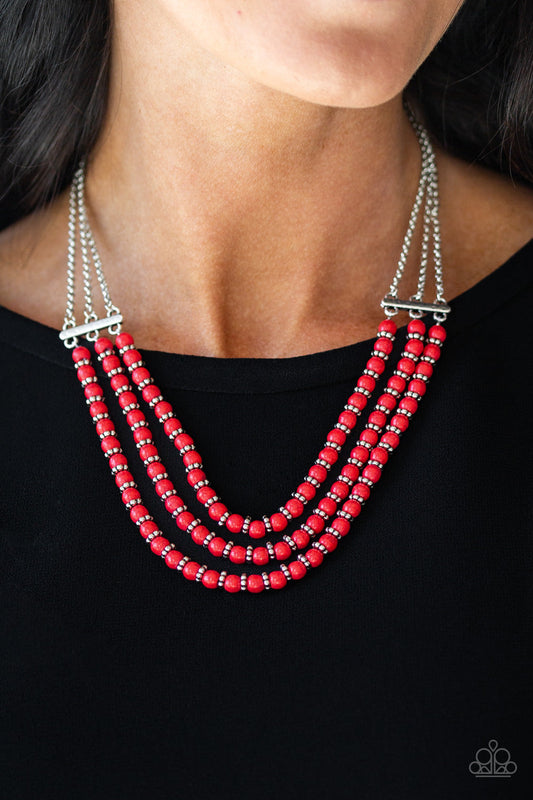 Terra Trails - Red Stone Beads/Textured Silver Accent Earthy Layer Necklace & matching earrings