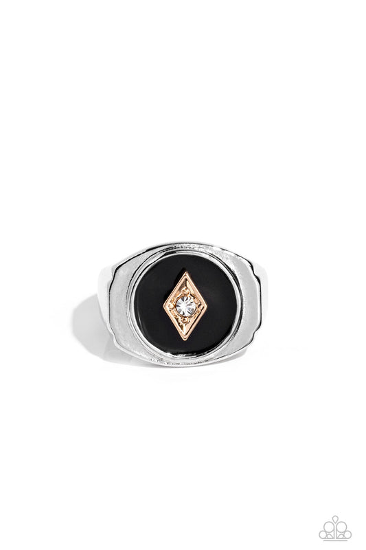Alumni - Black Backdrop, Gold Diamond Shape Frame, & White Rhinestone Men's Paparazzi Ring
