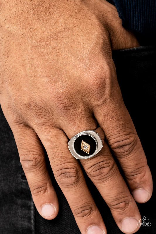Alumni - Black Backdrop, Gold Diamond Shape Frame, & White Rhinestone Men's Paparazzi Ring