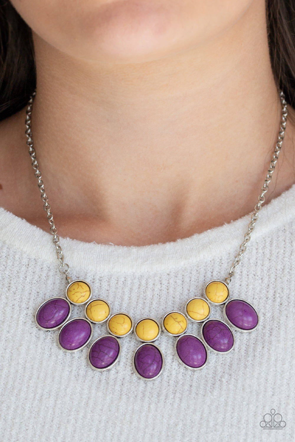 Environmental Impact - Purple & Yellow Stone Bead Earthy Fringe Necklace & matching earrings