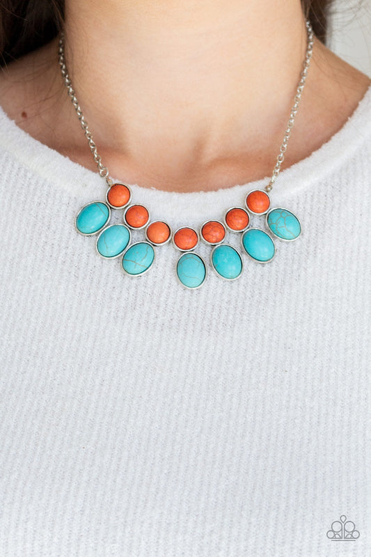 Environmental Impact - Blue/Turquoise & Orange Stone Bead Fringe Necklace & matching earrings
