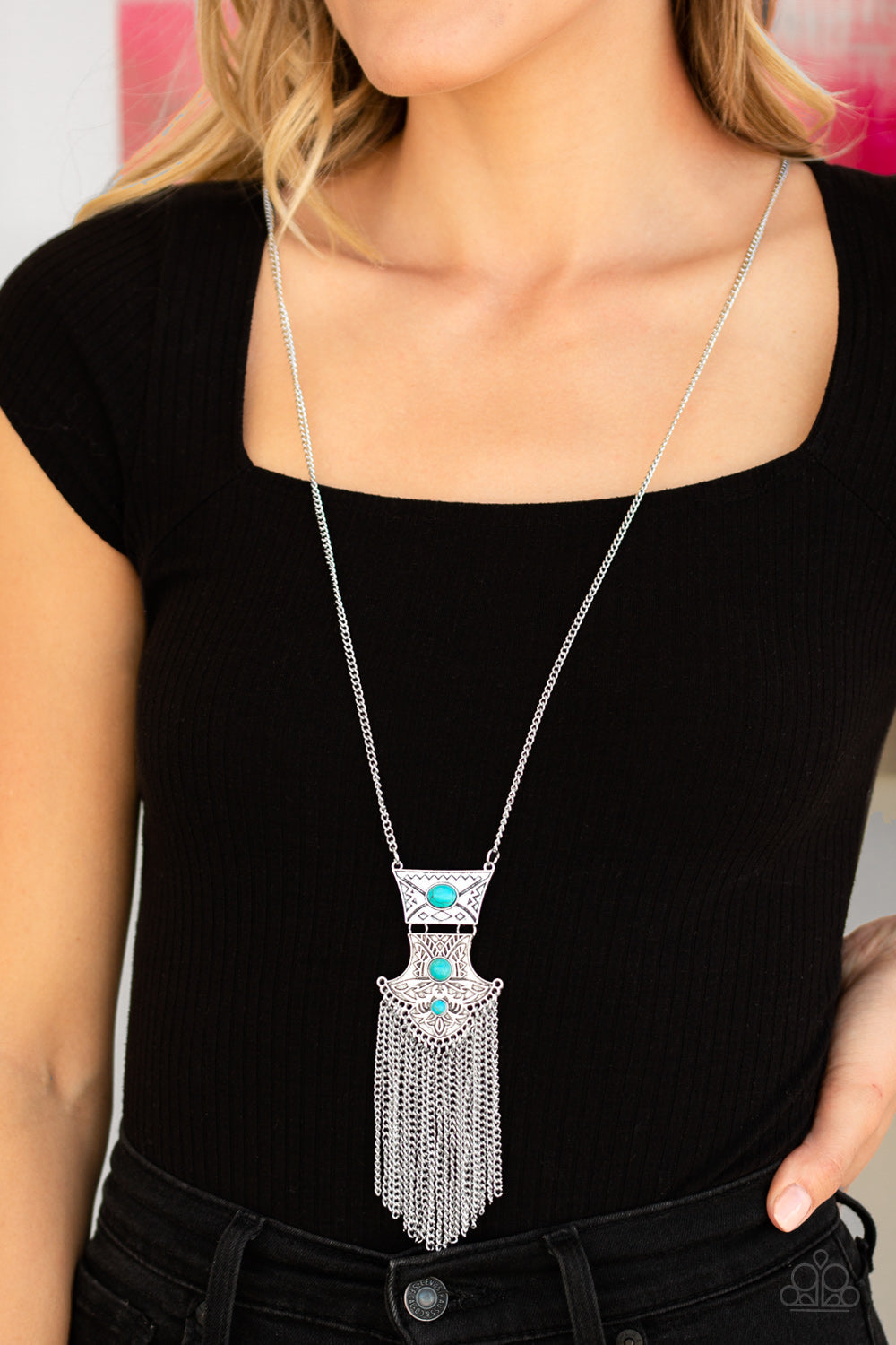 Totem Tassel - Blue/Turquoise Stone Accented Tribal Inspired Bold Pendant Necklace & matching earrings