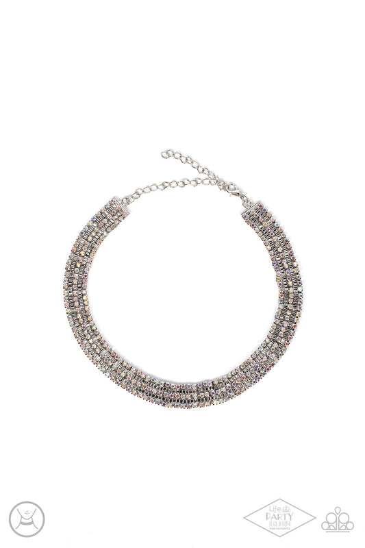 Full REIGN - Multi Iridescent Rhinestone Encrusted Paparazzi Choker Necklace & matching earrings