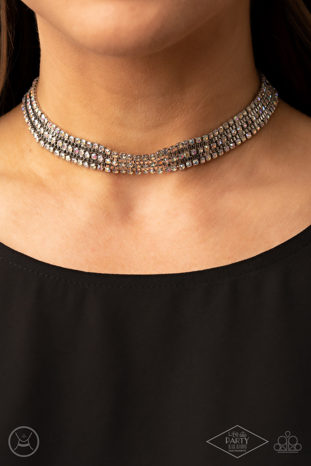 Full REIGN - Multi Iridescent Rhinestone Encrusted Paparazzi Choker Necklace & matching earrings