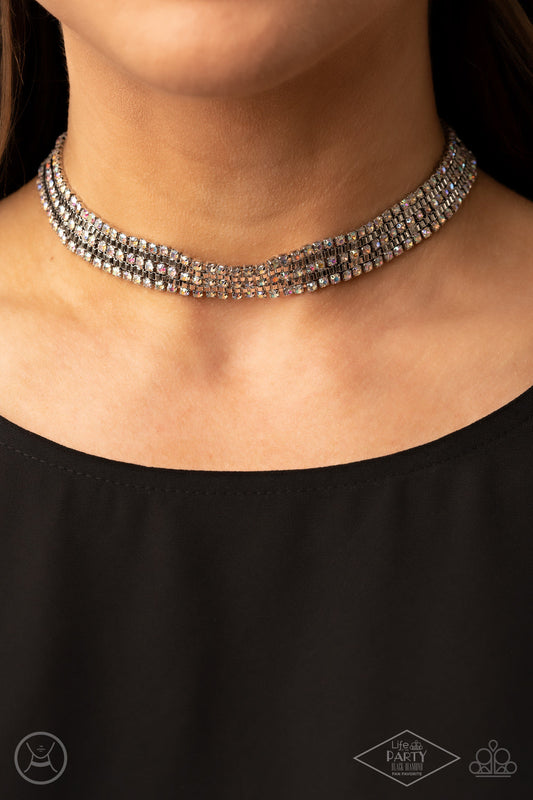 Full REIGN - Multi Iridescent Rhinestone Encrusted Paparazzi Choker Necklace & matching earrings