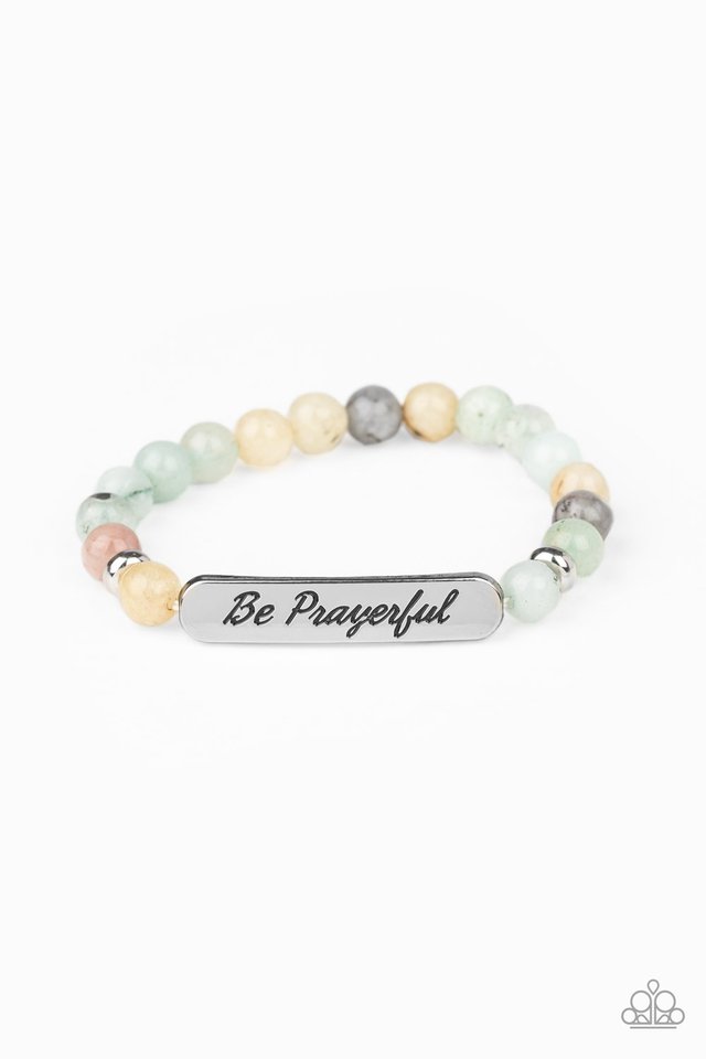 Be Prayerful - Green Stone Beads/ "Be Prayerful" Silver Plate Paparazzi Stretch Bracelet