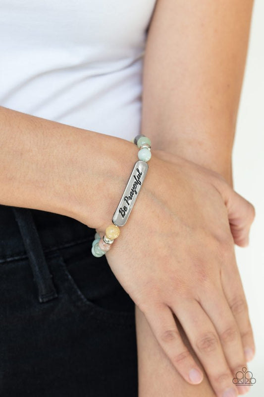 Be Prayerful - Green Stone Beads/ "Be Prayerful" Silver Plate Paparazzi Stretch Bracelet