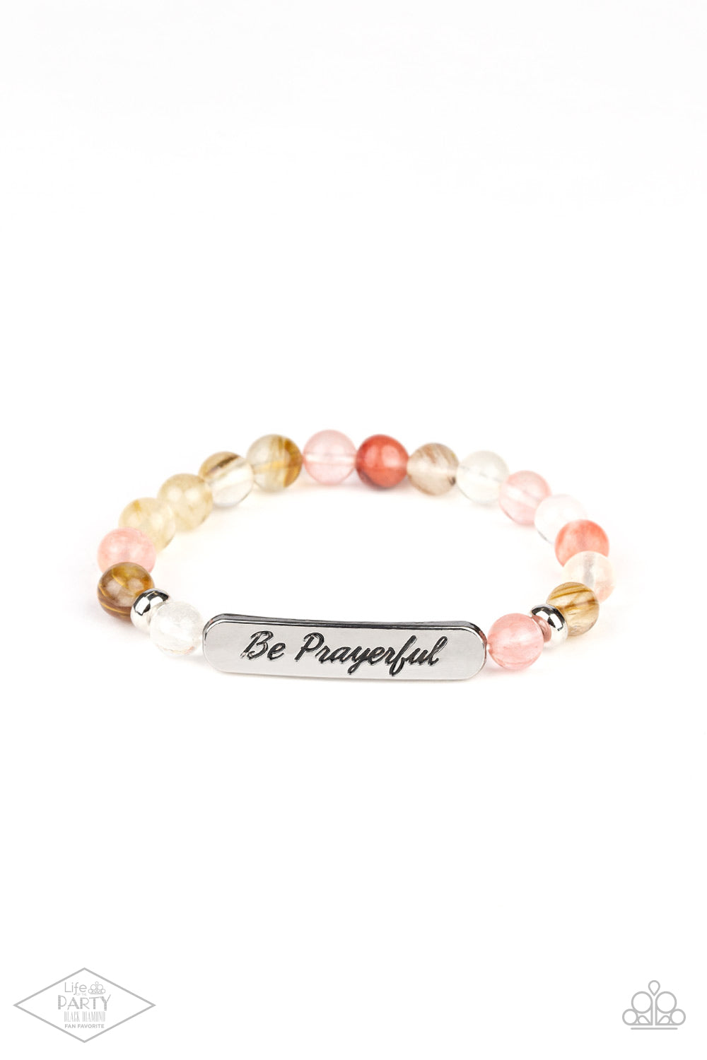 Be Prayerful - Multi Stone Beads & Silver "Be Prayerful" Stamped Frame Paparazzi Stretch Bracelet