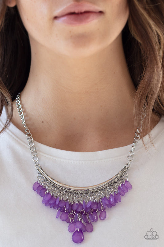 Rio Rainfall - Purple Opaque Teardrop Beads/Bowed Silver Bar Fringe Necklace & matching earrings