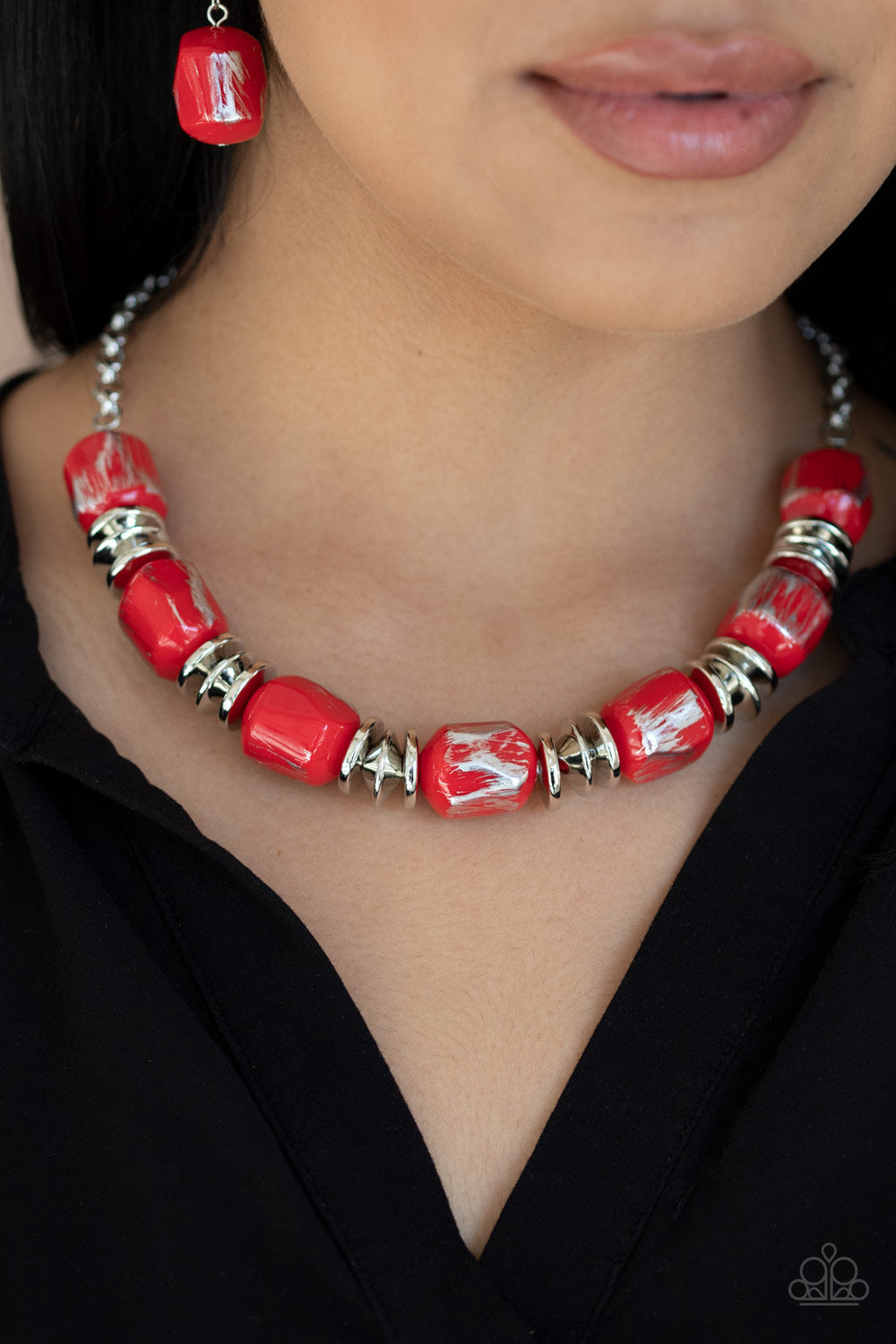 Girl Grit - Red Faceted Scratched Metallic Finish Faceted Beaded Necklace & matching earrings