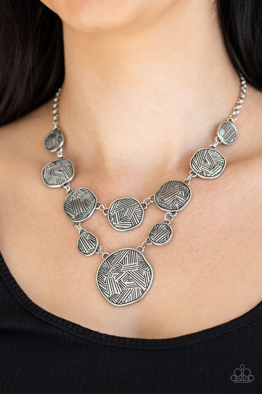 Metallic Patchwork - Silver Asymmetrical Circular Linked Frame Bold Look Necklace & matching earrings