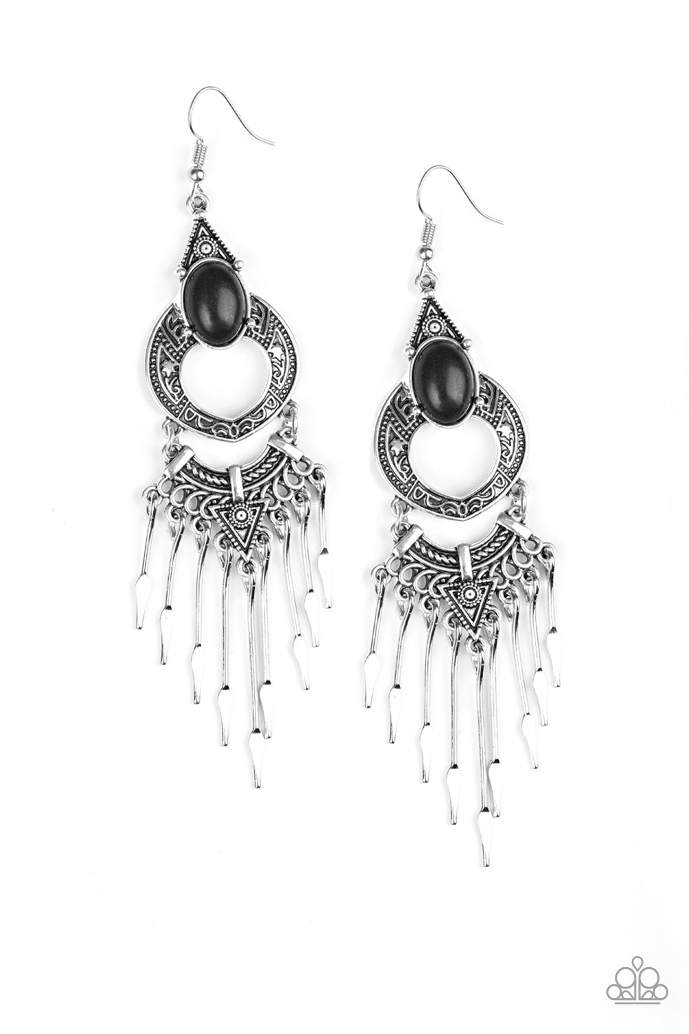 Southern Spearhead - Black Stone/Spear-Shaped Silver Bar Tapered Fringe Earrings