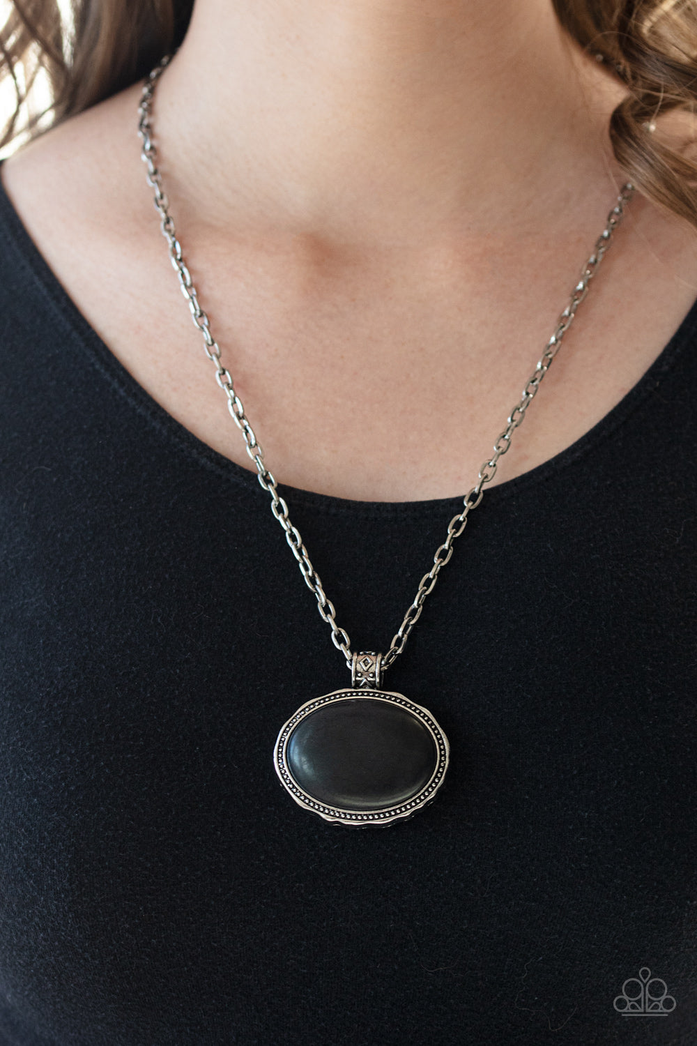 Sedimentary Colors - Black Oversized Oval Stone/Chunky Hammered & Antiqued Silver Pendant Necklace & matching earrings