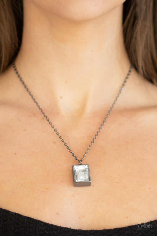 Pro Edge - Gunmetal Frame/Emerald-Style Faceted White Gem Pendant Necklace & matching earrings