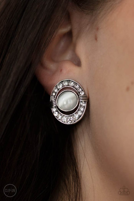Glow of Force  - White Cat's Eye Stone & White Rhinestone Paparazzi CLIP-ON Earrings