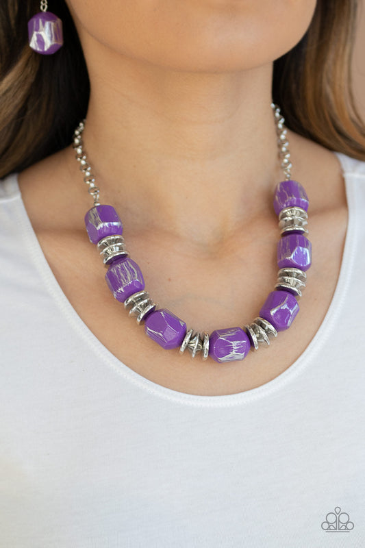 Girl Grit - Purple Scratched Metallic Finish Beads/Silver Accent Necklace & matching earrings
