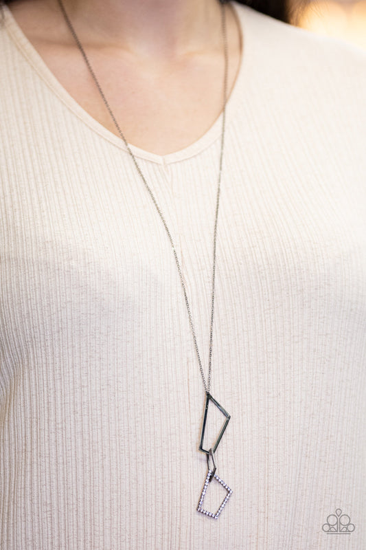Shapely Silhouettes - Gunmetal & White Rhinestone Encrusted Trapezoid Frame Pendant Necklace & matching earrings
