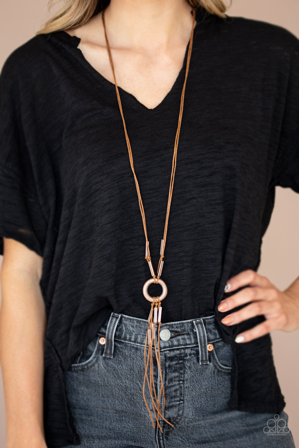 Tasseled Trinket - Copper Beads/Shiny Brown Cording Rustic Tassel Necklace & matching earrings