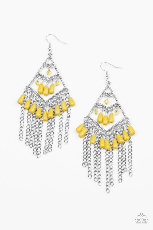 Trending Transcendence - Yellow Dainty Beaded/Triple Tier Silver Kite-Shaped Frame Earrings