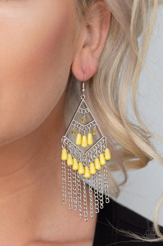Trending Transcendence - Yellow Dainty Beaded/Triple Tier Silver Kite-Shaped Frame Earrings