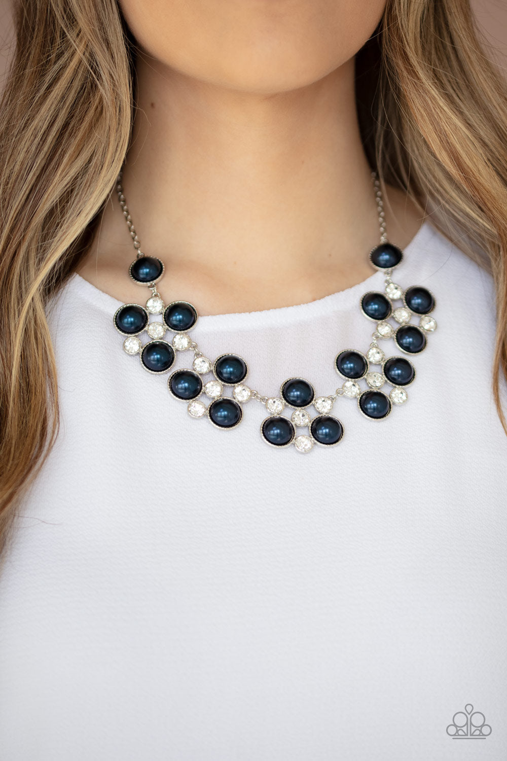 Night at the Symphony - Blue Oversized Pearls & White Rhinestone Cluster Necklace & matching earrings