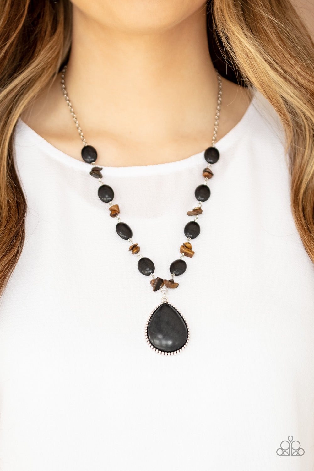 Desert Diva - Black Earthy Stones & Tiger's Eye Rock Chain/Oversized Black Teardrop Stone Pendant Necklace & matching earrings