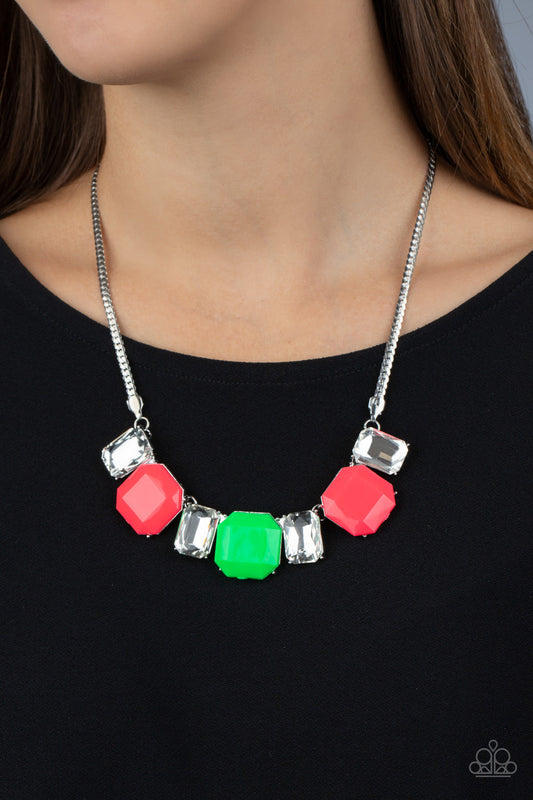 Royal Crest - Pink & Green Neon Bead/Emerald Style White Rhinestone Necklace & matching earrings