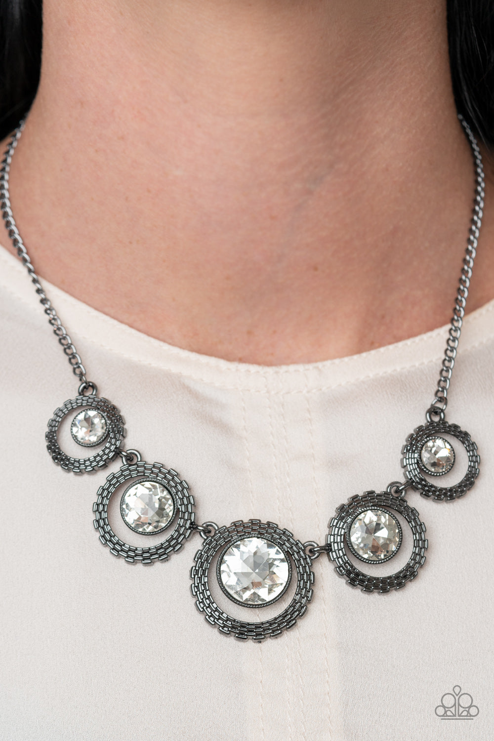 PIXEL Perfect - Gunmetal Box Chain-Like Texture Frames/Asymmetrical White Rhinestone Necklace & matching earrings