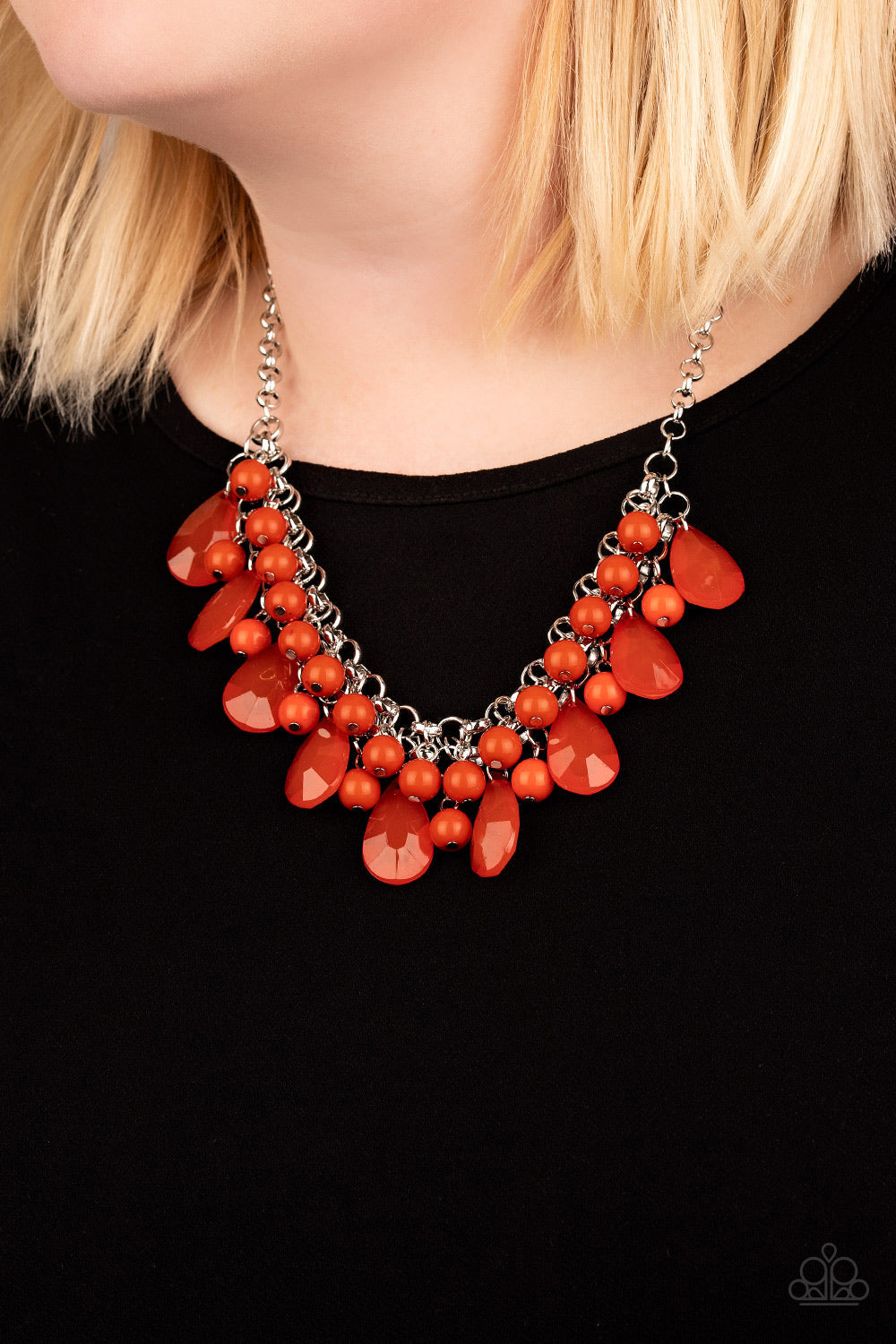 Endless Effervescence - Orange Teardrop Beaded Flirtatious Fringe Necklace & matching earrings