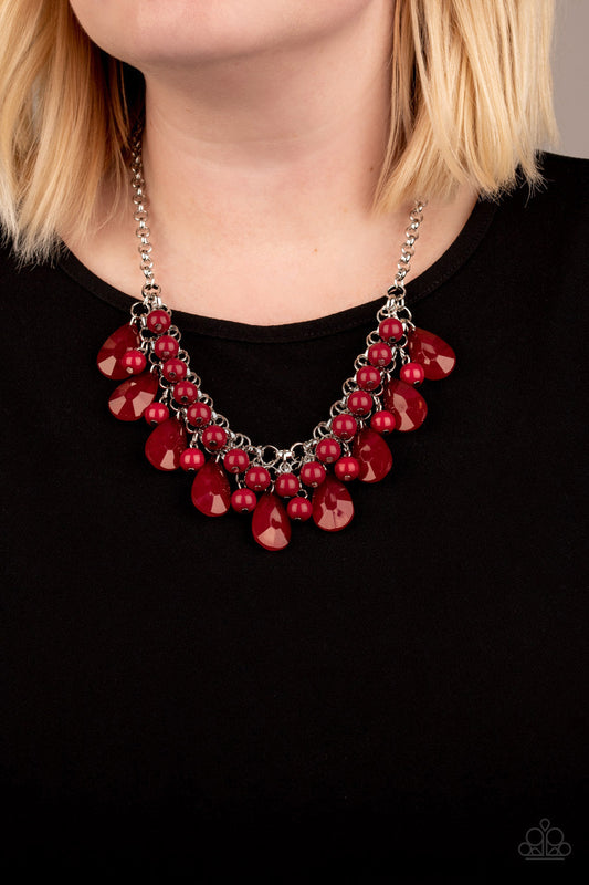 Endless Effervescence - Red Wine Beads & Faceted Teardrop Beaded Fringe Necklace & matching earrings