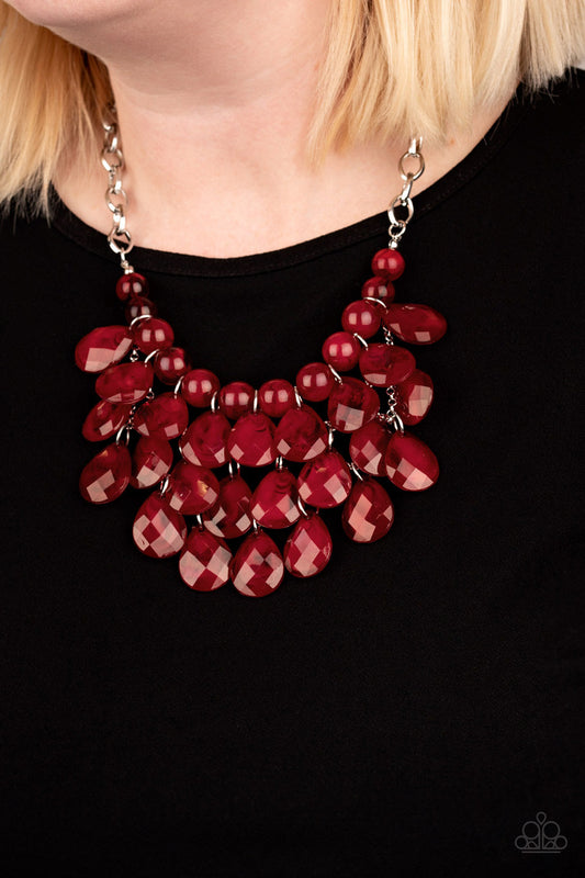 Sorry To Burst Your Bubble - Red Opaque Round & Teardrop Beaded Fringe Necklace & matching earrings