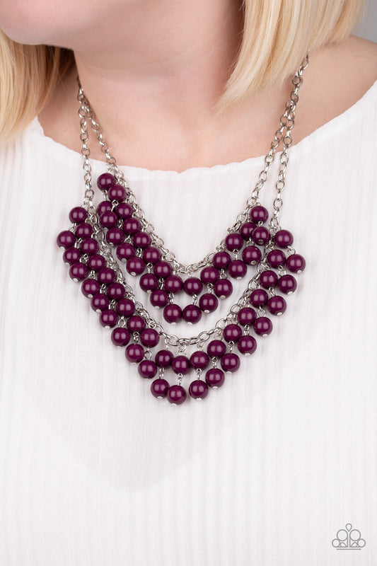 Bubbly Boardwalk - Purple Plum Beads/Double Silver Chain Layered Fringe Necklace & matching earrings