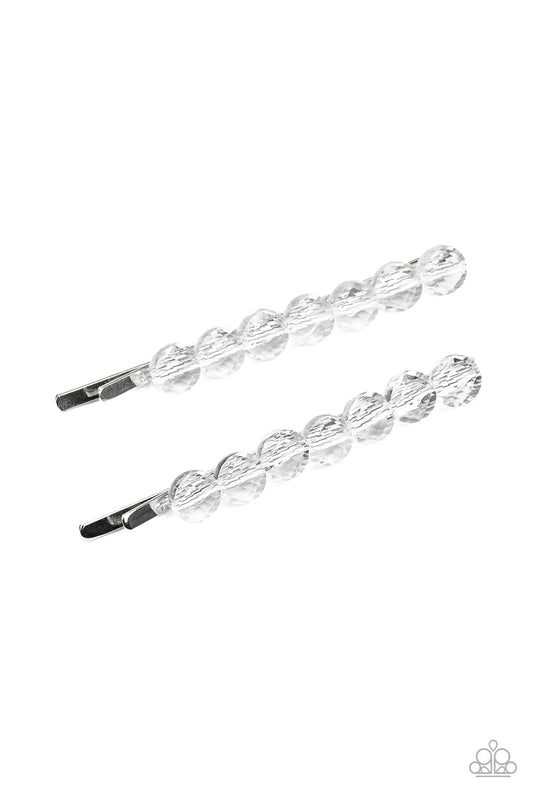Easy On The Hairspray - White Glassy-Like Beaded Set of 2 Bobby Pin Hair Clips