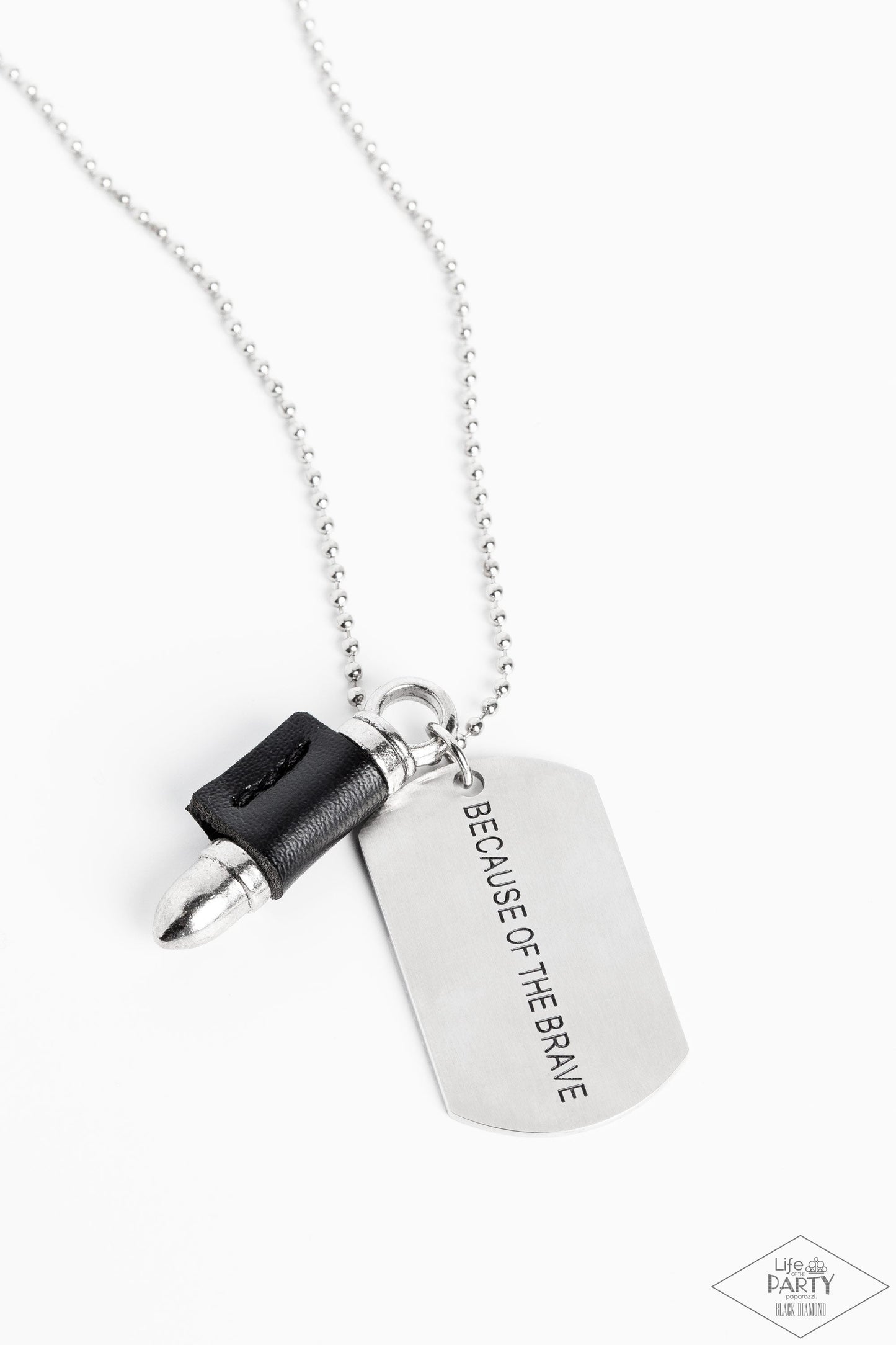 Proud Patriot - Black Leather, "Because of the Brave" Dog Tag & Silver Bullet Paparazzi Men's Necklace