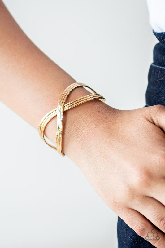 Infinitely Iridescent - Gold Shiny Crisscrossed Bar Infinity Inspired Cuff Bracelet