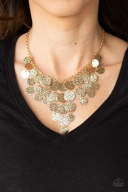 Spotlight Ready - Gold Hammered Disc Edgy Tapered Fringe Paparazzi Necklace & matching earrings