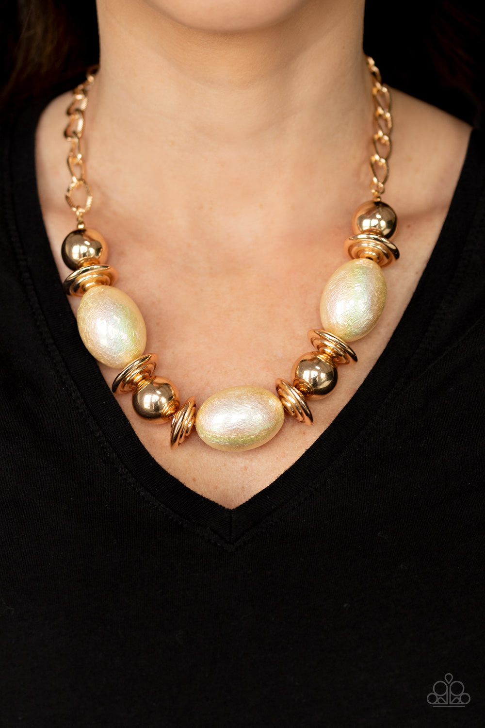Welcome To The Big Leagues - Gold & Iridescent Oval Shaped Beaded Textured Gold Chain Necklace & matching earrings
