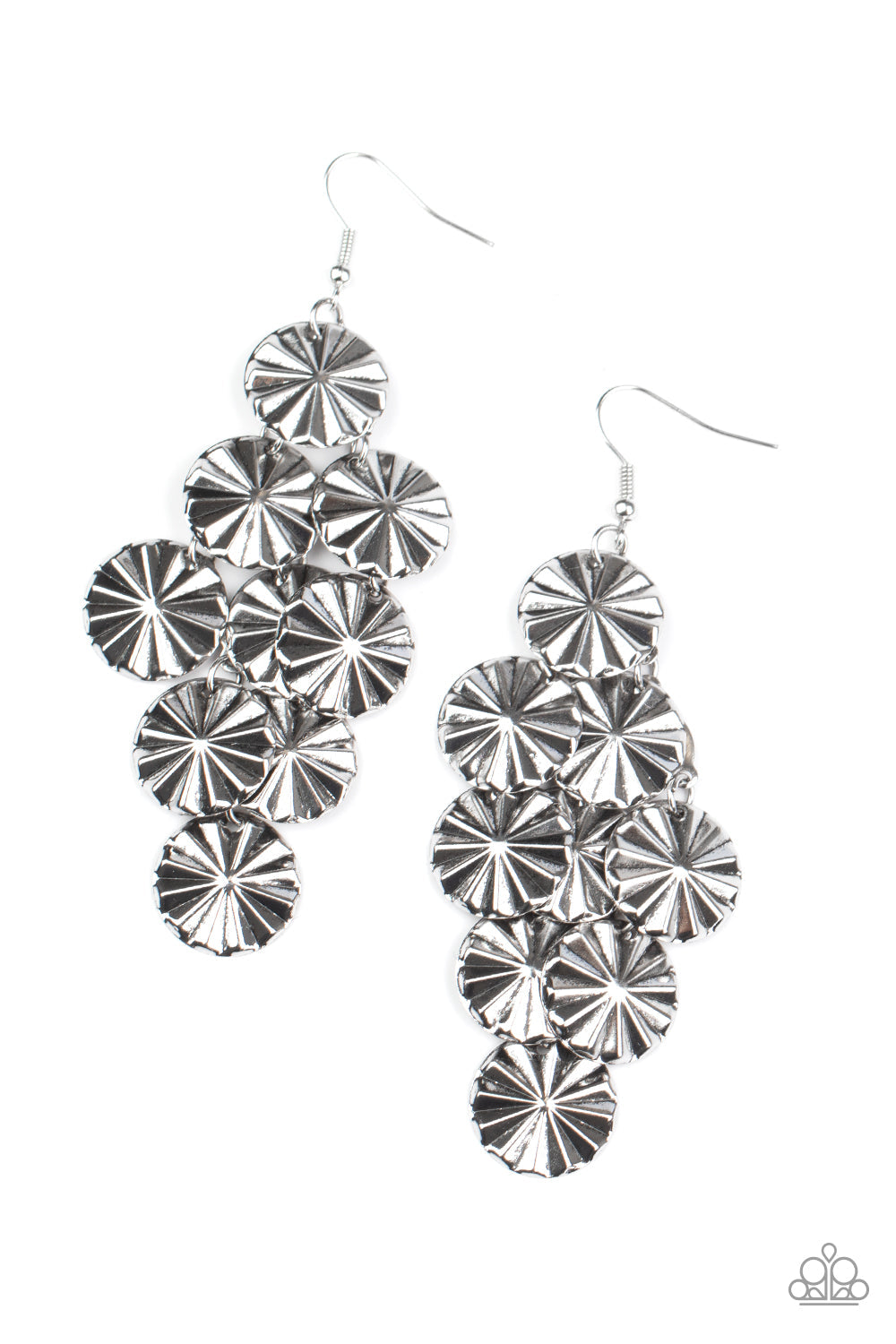 Star Spangled Shine - Silver Creased Star-Like Pattern Disc Lure Earrings